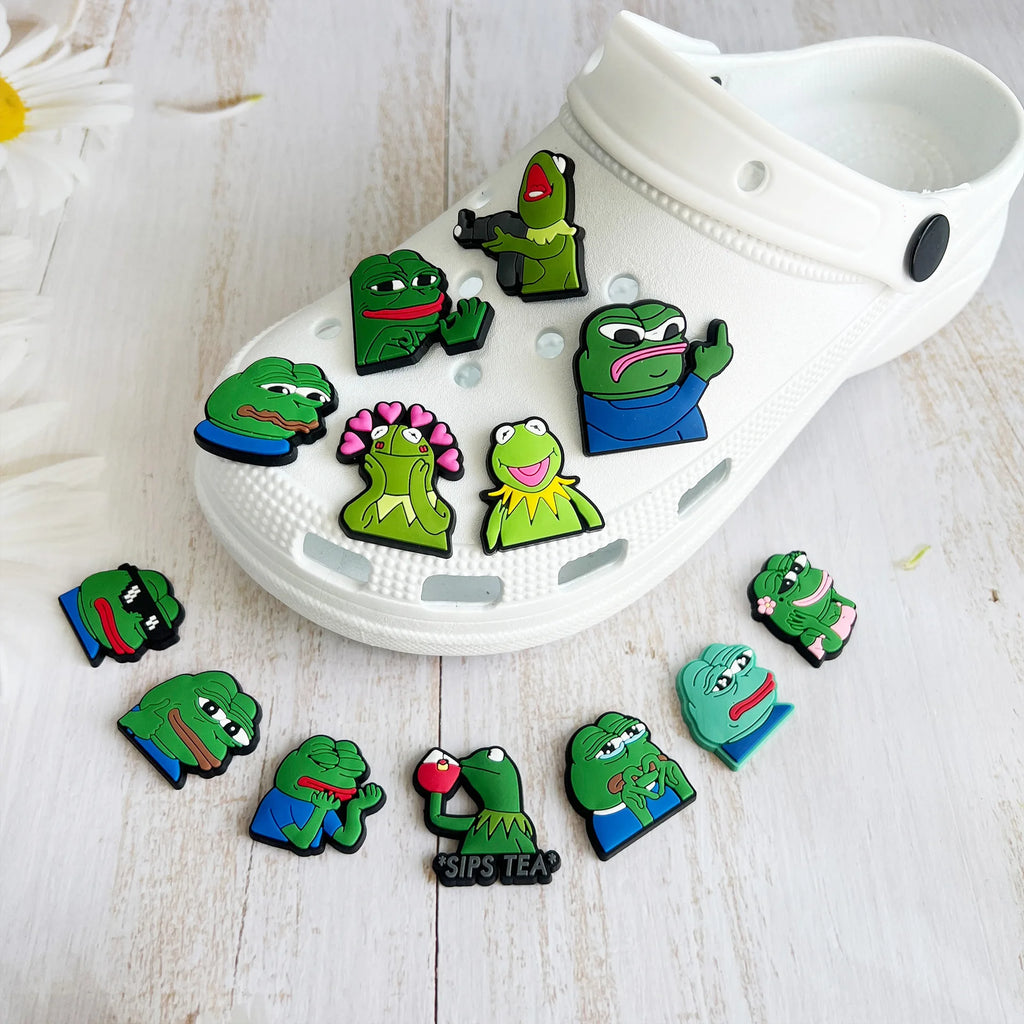 New 1Pcs Sad Funny Frog Shoes Charms for Crocs DIY Badge Clogs Buckle Kids Decoration Jeans Shoe Accessories X-mas Wholesale