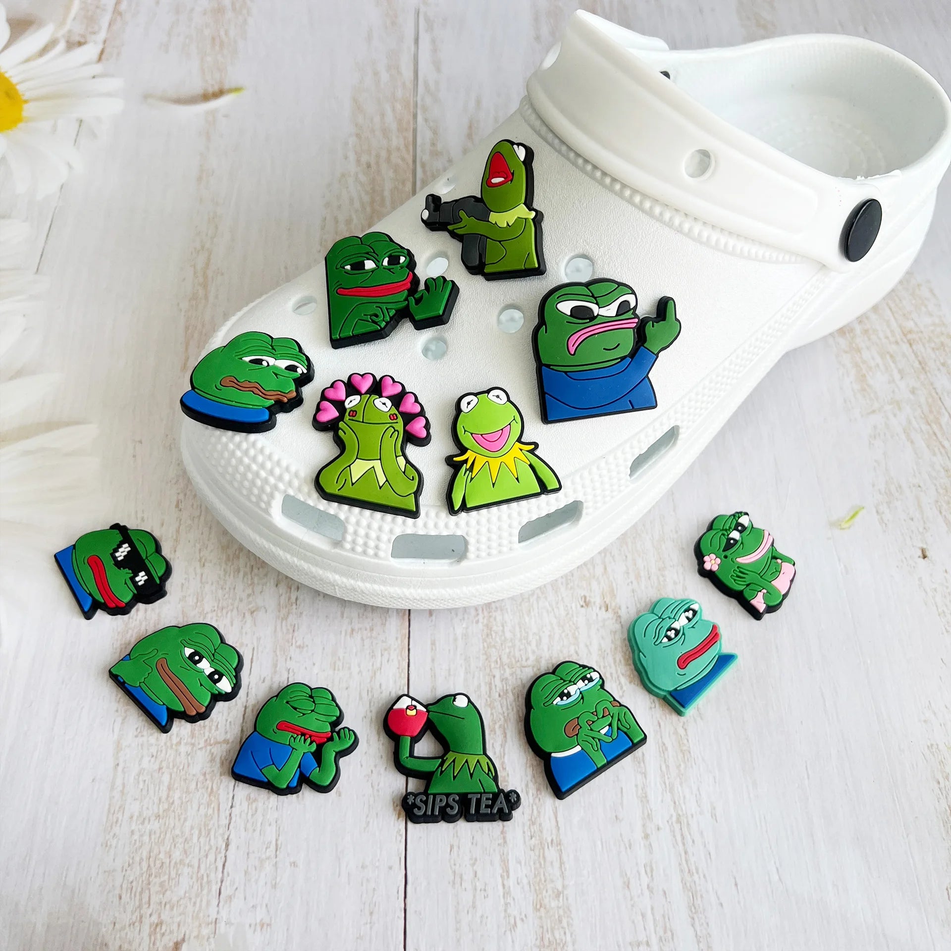 New 1Pcs Sad Funny Frog Shoes Charms for Crocs DIY Badge Clogs Buckle Kids Decoration Jeans Shoe Accessories X-mas Wholesale